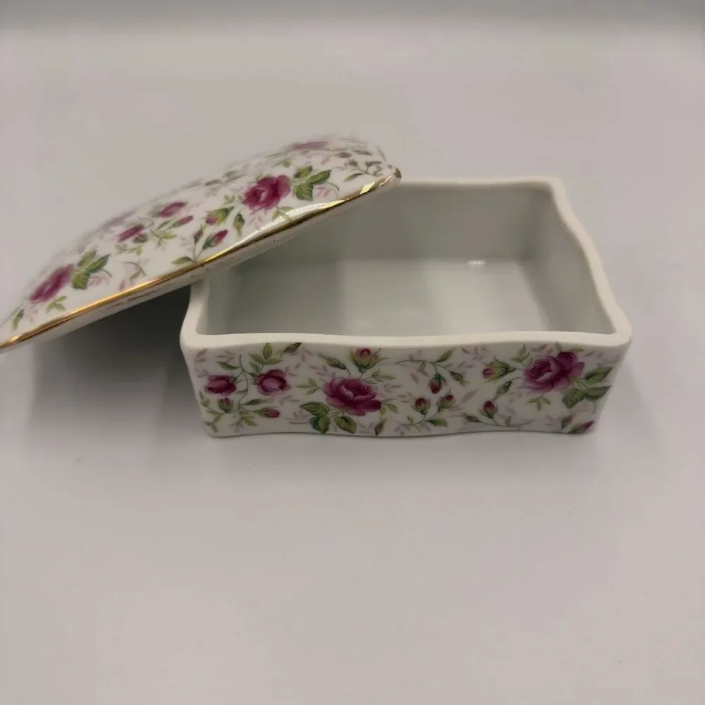 Lefton Rose Chintz Trinket Jewelry Box 2 Nesting Vintage Dishes Japan